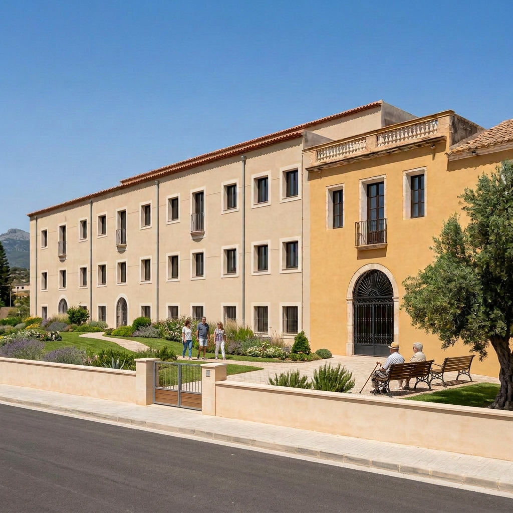 Render del futur edifici de la Residència Jardí de Xerta envoltat de zones verdes